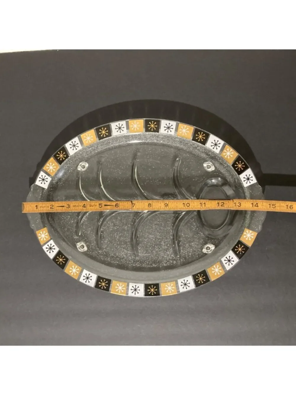 Vintage Glass Atomic Starburst MCM Gold Black Plate Tray Charcuterie